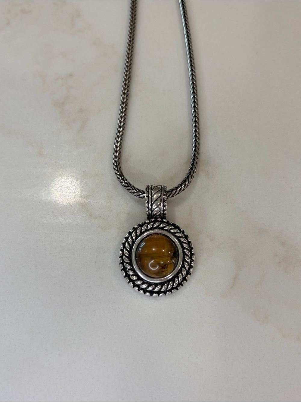 Silver Chain Necklace with Tigers eye stone Pendant - Women's Jewelry